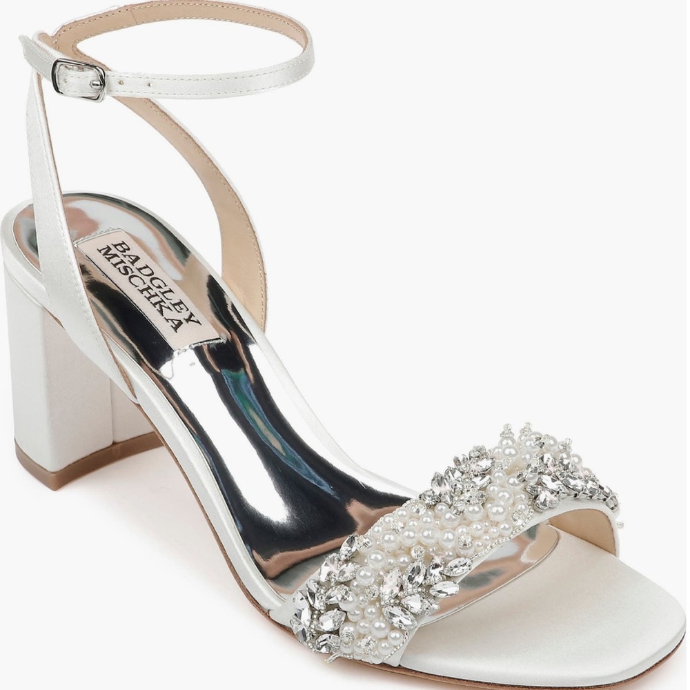 Badgley Mischka Clara Embellished Sandals, White Satin, Size 8